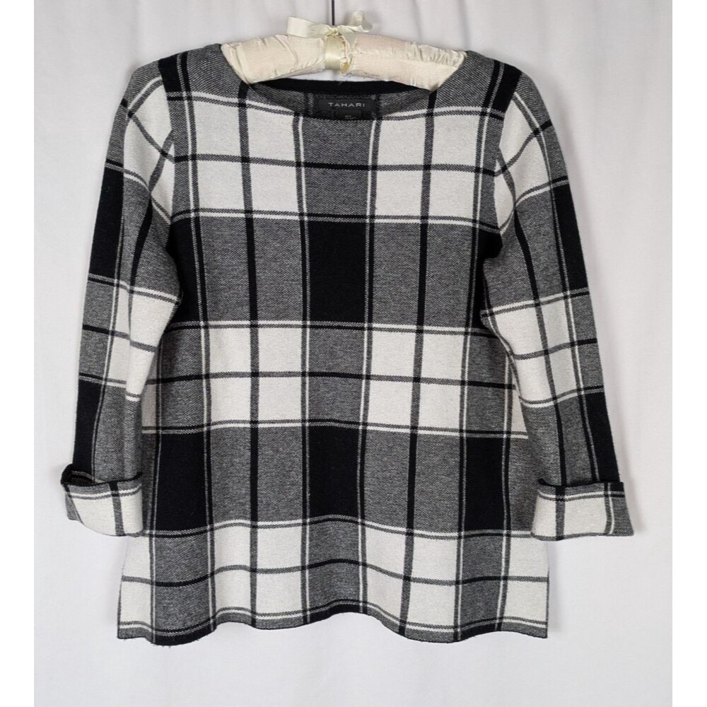 Tahari Black White Plaid 3/4 Cuffed Sleeve Pullover Sweater Small Monochromatic